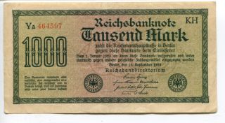 Germany Deutschland 1.  000 Mark 1922 (vf) Circulated Reichsbanknote Watermark: H photo