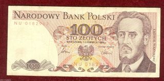 Poland Polish Polski Bank Note Of 100 Zlotych Zlotys 1986,  Serie Nu photo