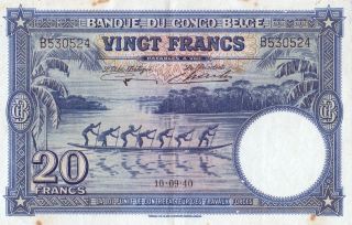 Belgian Congo; 20 Francs,  10 - 09 - 40,  P - 15,  Banque Du Congo Belge photo