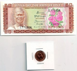 Sierra Leone Fifty Cents 1984 Bank Note Uncirculated Plus 1964 Half Cent Coin photo