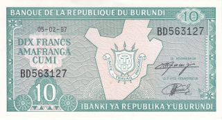 Burundi: 10 Francs,  5 - 2 - 1997,  P - 33d,  Crisp Unc photo