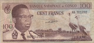 Congo (dr) ; 100 Francs,  1 - 3 - 1962,  P - 6a,  Banque Nationale Du Congo,  Tdlr photo