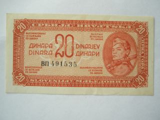 Yugoslavia: 20 Dinara 1944 Crisp Unc Partisan War - Dark Red photo