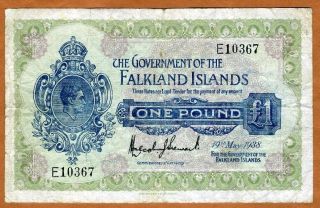 Falkland Islands,  1 Pound,  1938,  Kgvi,  P - 5,  G - Vg photo