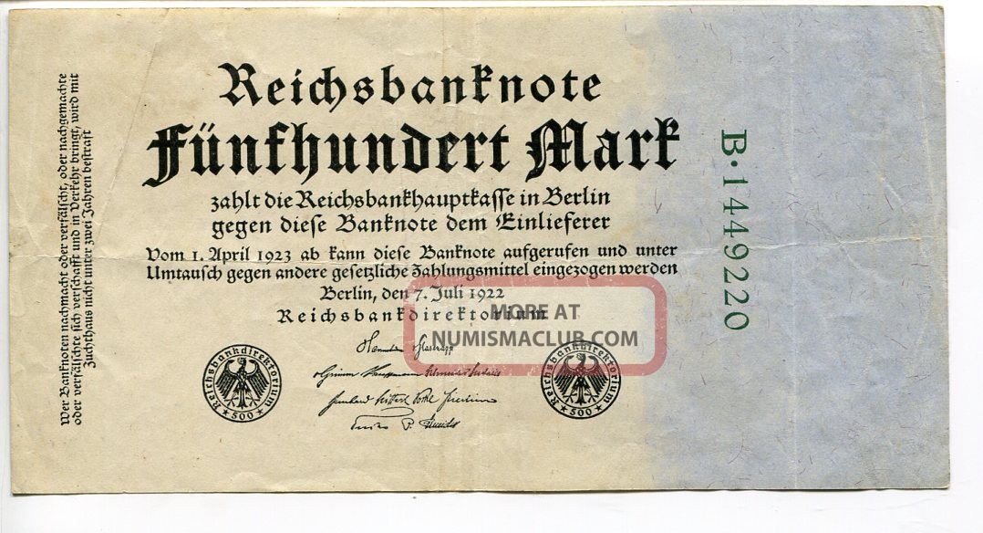 Germany Deutschland 500 Mark 1922 (vf+++) Circulated Reichsbanknote 7 Digit Europe photo