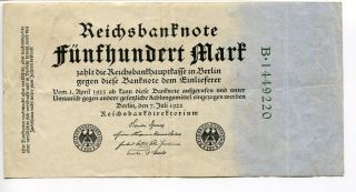 Germany Deutschland 500 Mark 1922 (vf+++) Circulated Reichsbanknote 7 Digit photo