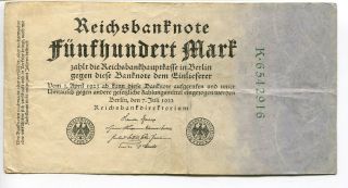 Germany Deutschland 500 Mark 1922 (vf) Circulated Reichsbanknote 7 Digit photo