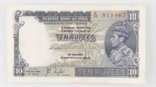 1937 Indian 10 Rupees Note King George Vi Reserve Back Of India photo