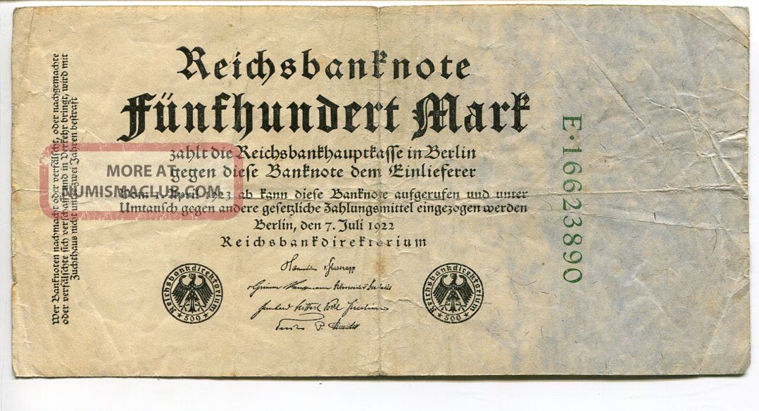 Germany Deutschland 500 Mark 1922 (f+) Circulated Reichsbanknote 8 Digit Europe photo