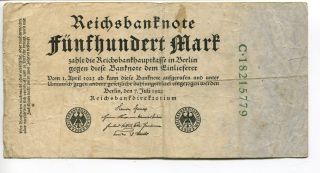 Germany Deutschland 500 Mark 1922 (vg) Circulated Reichsbanknote 8 Digit photo