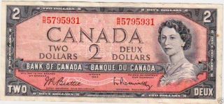 1954 Canada Two Dollar Serial Rr 5795931 Circulated photo