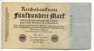 Germany Deutschland 500 Mark 1922 (vf) Circulated Reichsbanknote 8 Digit photo