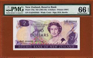 Zealand $2 Nd (1981 - 85) Solid Serial 444444 Pmg 66 Gem Unc photo