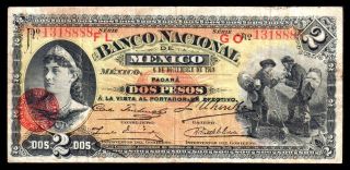 El Banco Nacional De Mexico 2 Pesos 12.  06.  1913,  M297b / Bk - Df - 152 F+ photo
