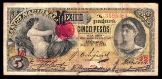 El Banco Nacional De Mexico 5 Pesos 3.  01.  1910,  M298c / Bk - Df - 162 Vg+ photo