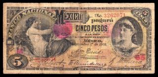 El Banco Nacional De Mexico 5 Pesos 9.  01.  1909,  M298c / Bk - Df - 162 Vg photo