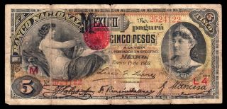 El Banco Nacional De Mexico 5 Pesos 1.  01.  1908,  M298c / Bk - Df - 162 Vg+ photo
