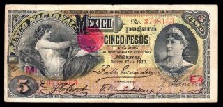 El Banco Nacional De Mexico 5 Pesos 3.  01.  1910,  M298c / Bk - Df - 162 Vf photo