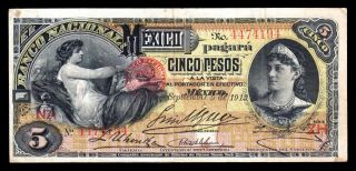 El Banco Nacional De Mexico 5 Pesos 9.  05.  1913,  M298c / Bk - Df - 162 Xf photo