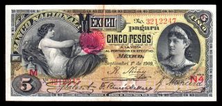 El Banco Nacional De Mexico 5 Pesos 9.  01.  1909,  M298c / Bk - Df - 162 Au photo