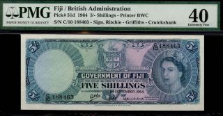 Bucksless 1254:pmg40 Rare 1964 Fiji 5 Shillings P - 51d,  Great Britain,  Uk photo