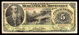 El Banco Mercantil De Monterrey 5 Pesos 7.  27.  1911,  M424c / Bk - Nue - 41 F / Vf photo