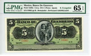 Mexico P - S298c 26b 5 Pesos Circa.  (1914) Unc Pmg 65 photo