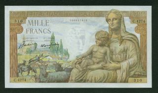 France 1942 - 44 1,  000 Francs Banknote,  Pick 102,  Choice About Uncirculated photo
