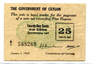 Ceylon 25 Cents 1 Jan 1942 Vf Scarce Nr 85.  00 photo