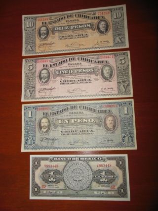 Uncir 1915 Mexico Revolutionary Money Pesos 10 5 1 Chihuahua + Bonus Modern 1969 photo