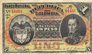 Colombia Banco Nacional 1 Peso 01/03/1888 Pick: 214 About Ex.  Fine photo