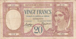 French Somaliland (djibouti) : 20 Francs,  Nd (1928 - 1938),  P - 7a photo