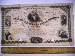 1858 City Philadelphia Loan Tax Bond Certificate $1500 6% 6 Vigs 2 Thumbs photo