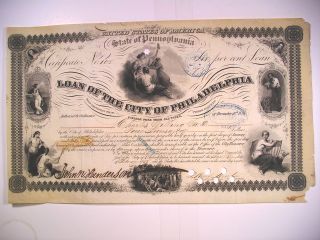 1858 City Philadelphia Loan Tax Bond Certificate $4000 6% 6 Vigs 2 Thumbs photo