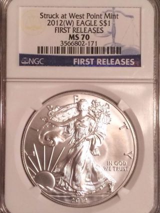 2012 $1 American Silver Eagle Ngc Ms70 Early Releases (blue Er Label) photo