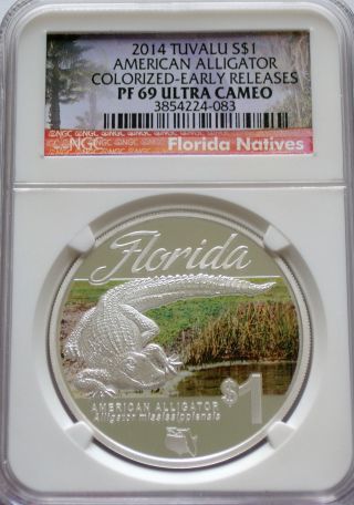Ngc 2014 Tuvalu American Alligator $1 Pf69 Early R Florida Silver 1oz Perth photo