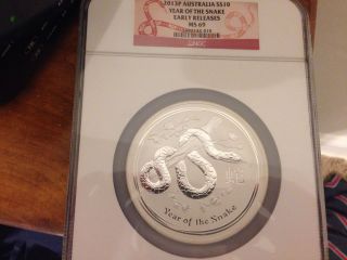 2013 10 Oz Silver Lunar Year Of The Snake Coin Ngc Ms69 Early Release Er photo