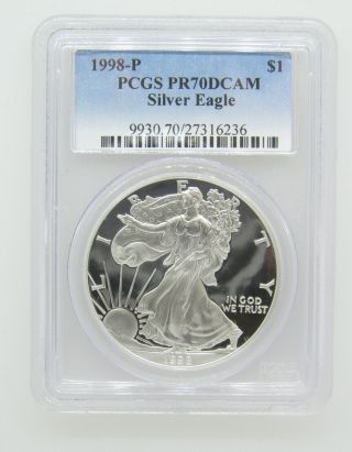 1998 - P $1 Pcgs Pr70 Dcameo (proof Silver Eagle) - Pr70 Rare.  999 1oz Bullion photo