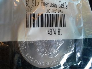 2002 Uncirculated Silver American Eagle $1 One Dollar 1 Oz.  999 Package Collect photo