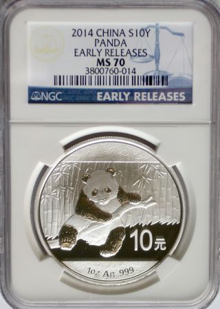 Ngc Registry 2014 China Panda 1 Oz Silver 10 ¥ Yuan Coin Ms70 Early Releases Prc photo