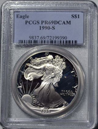 1990 - S American Eagle Silver Dollar Pr69 Dcam Pcgs Proof 69 Deep Cameo photo