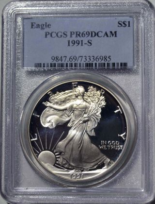 1991 - S American Eagle Silver Dollar Pr69 Dcam Pcgs Proof 69 Deep Cameo photo