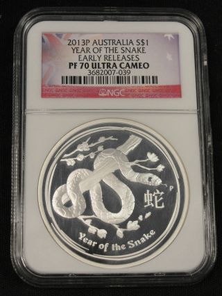 2013 Australia Year Of The Snake Silver Dollar Early Release Ngc Pf70 7 - 039 photo
