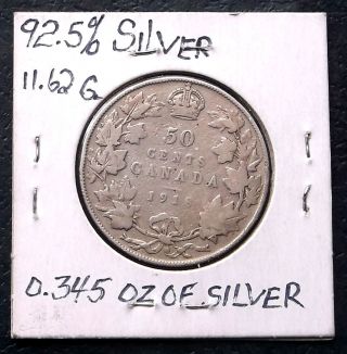 . 925 Silver 1918 Canada 50 Cents Half Dollar George V Km 25 Circulated photo