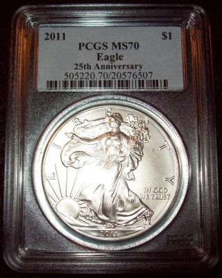 2011 Silver American Eagle 25th Anniversary Ms 70 | Pcgs Graded (low Pop.  394) photo