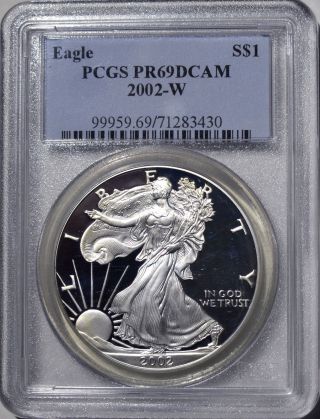 2002 - W American Eagle Silver Dollar Pr69 Dcam Pcgs Proof 69 Deep Cameo photo