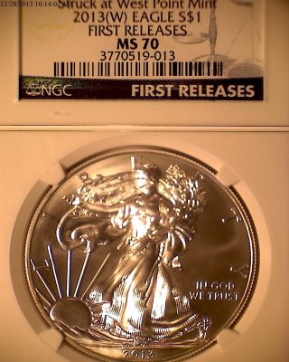 2013 (w) Silver Eagle,  Ms 70 First Releases Perfet Coin.  Ngc 3770519 - 013 photo