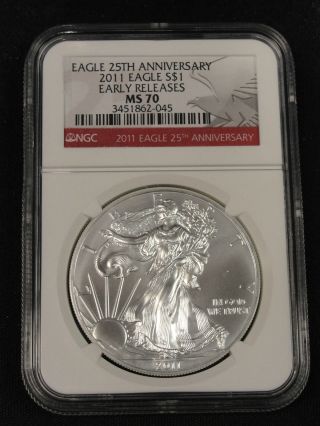 2011 American Silver Eagle Coin Early Release Ngc Ms70 25th Anniversary photo