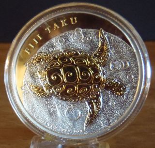 2013 Silver 1 Oz.  Zealand $2 Fiji Taku Turtle,  24k Gold Enhanced,  Usa photo