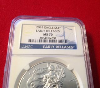 2014 - 1 Oz Silver Ngc Er Ms70 Silver Eagle - Early Release; Blue Label photo